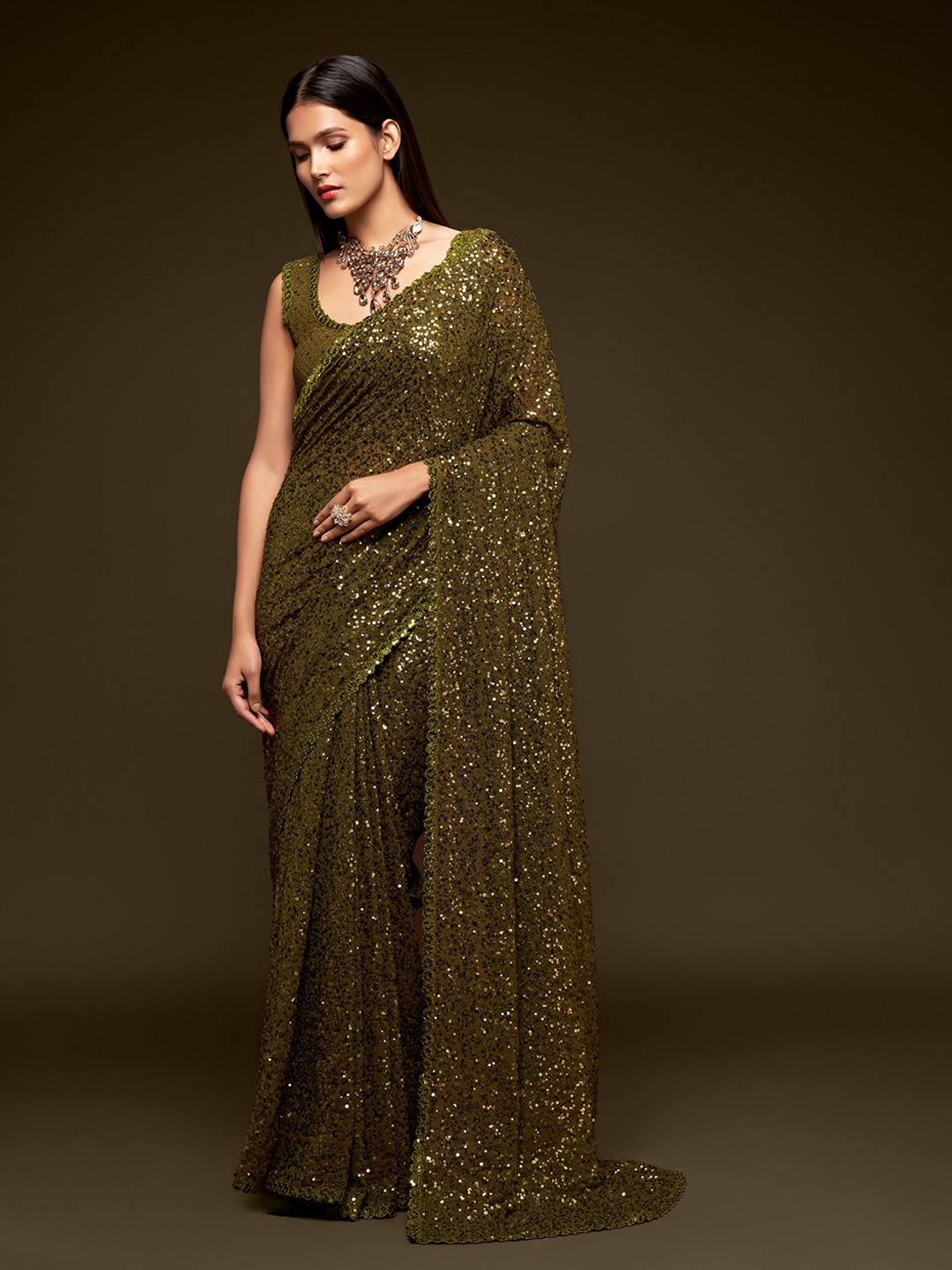 

Trendmalls Embellished Sequinned Pure Georgette Saree, Olive