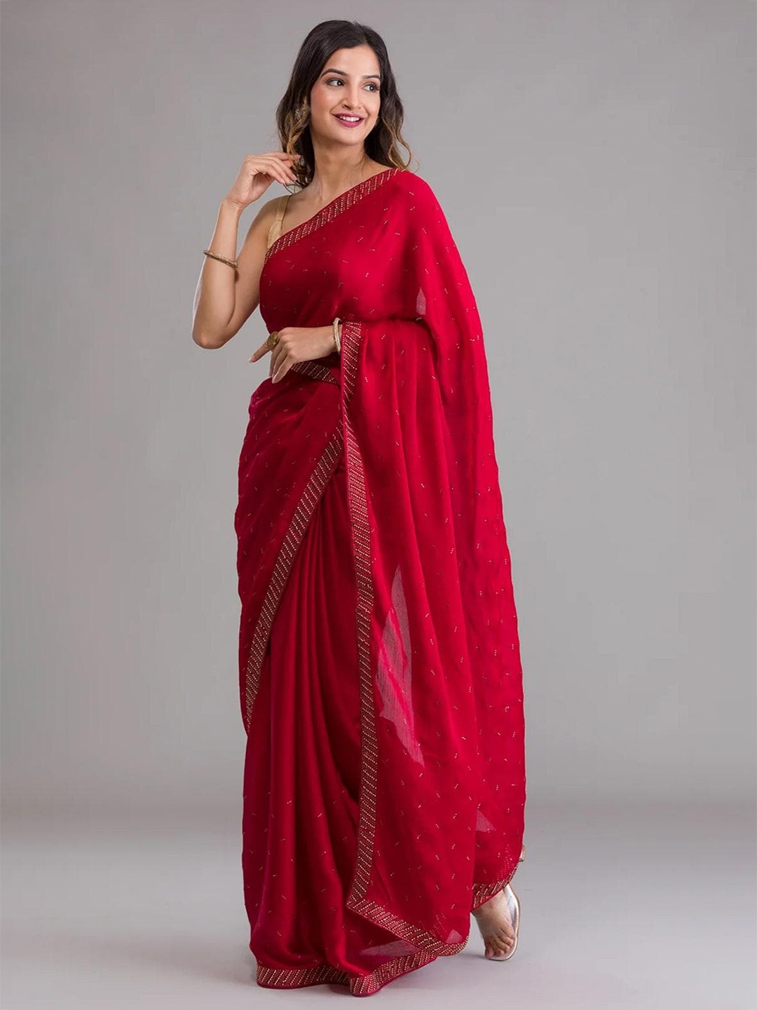 

Trendmalls Embellished Beads and Stones Pure Chiffon Saree, Red