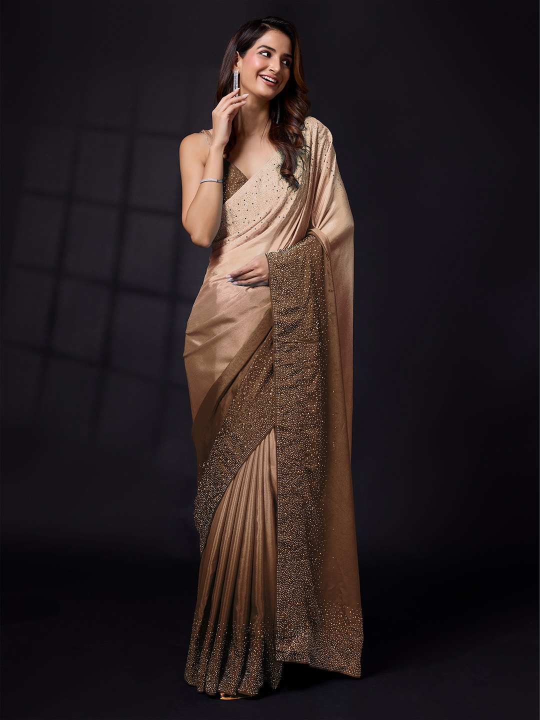 

Trendmalls Ombre Beads and Stones Pure Chiffon Saree, Brown