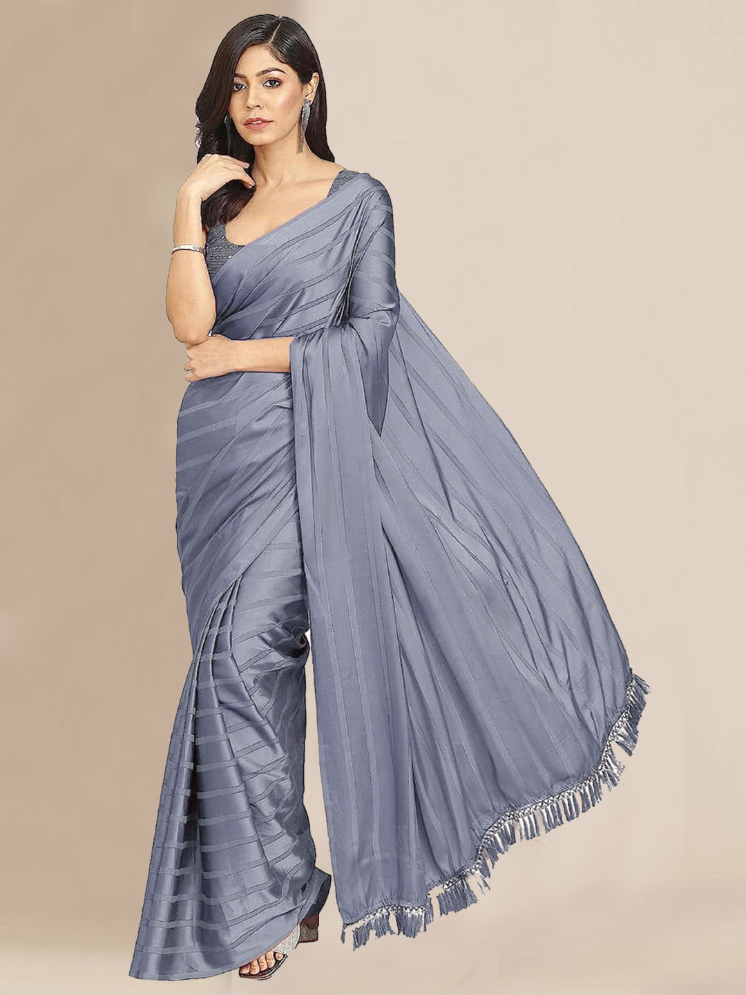 

Trendmalls Striped Saree, Grey