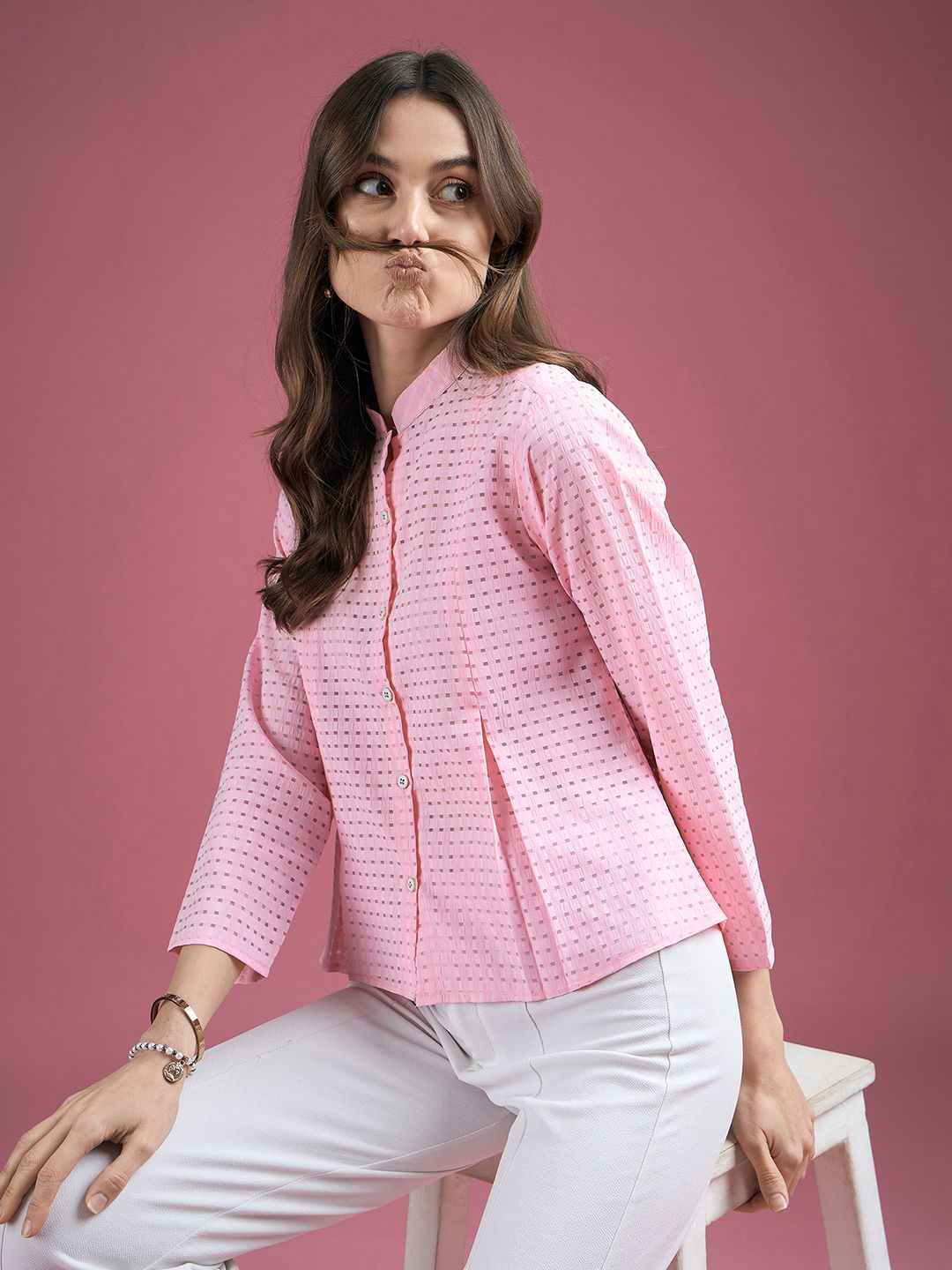 

DressBerry Self Designed Mandarin Collar Shirt Style Top, Pink