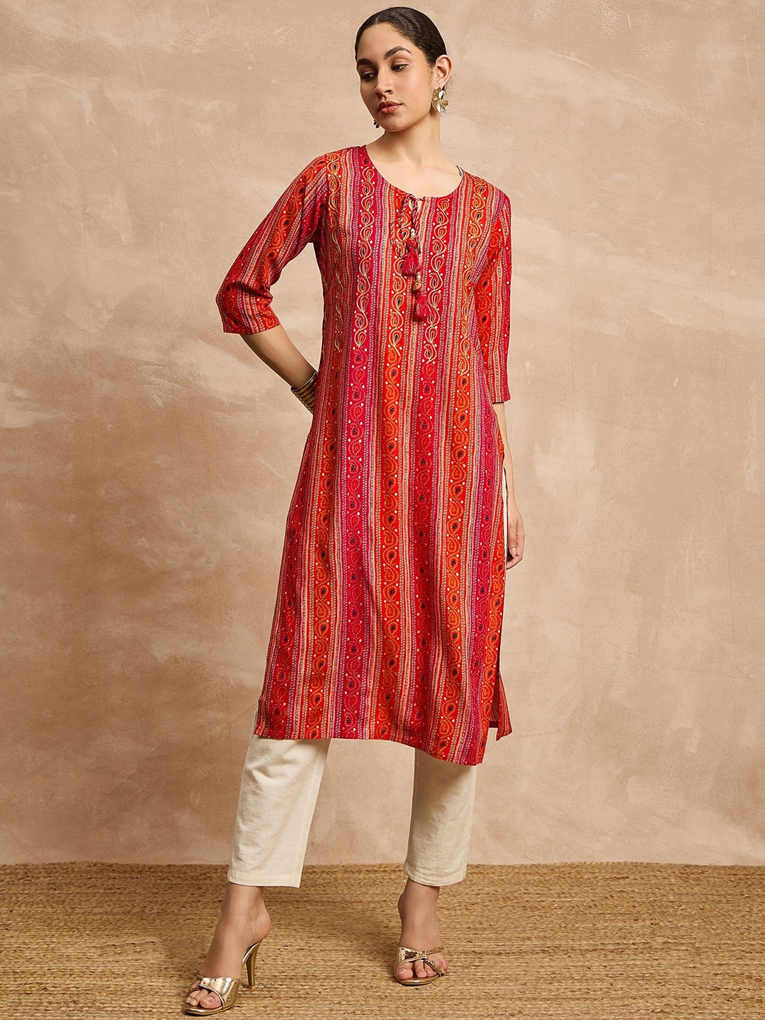 

all about you Ethnic Motifs Printed Thread Work A-Line Kurta, Red