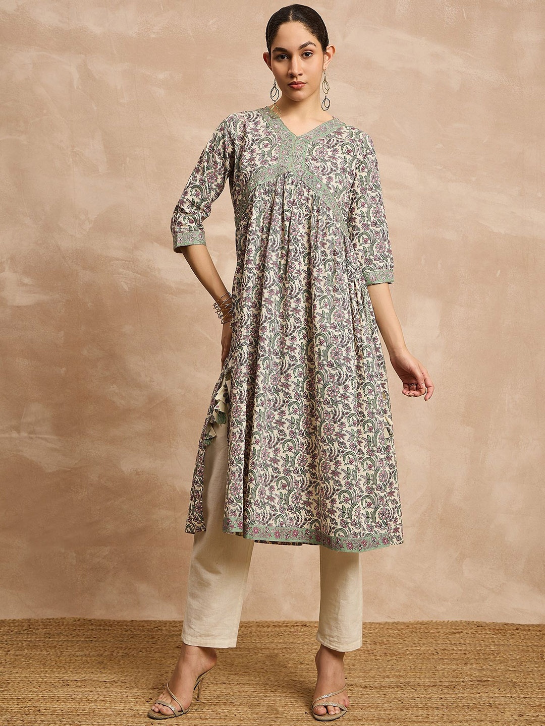 

all about you Floral Printed V-Neck Three-Quarter Sleeves Mirror Work Cotton A-Line Kurta, Beige