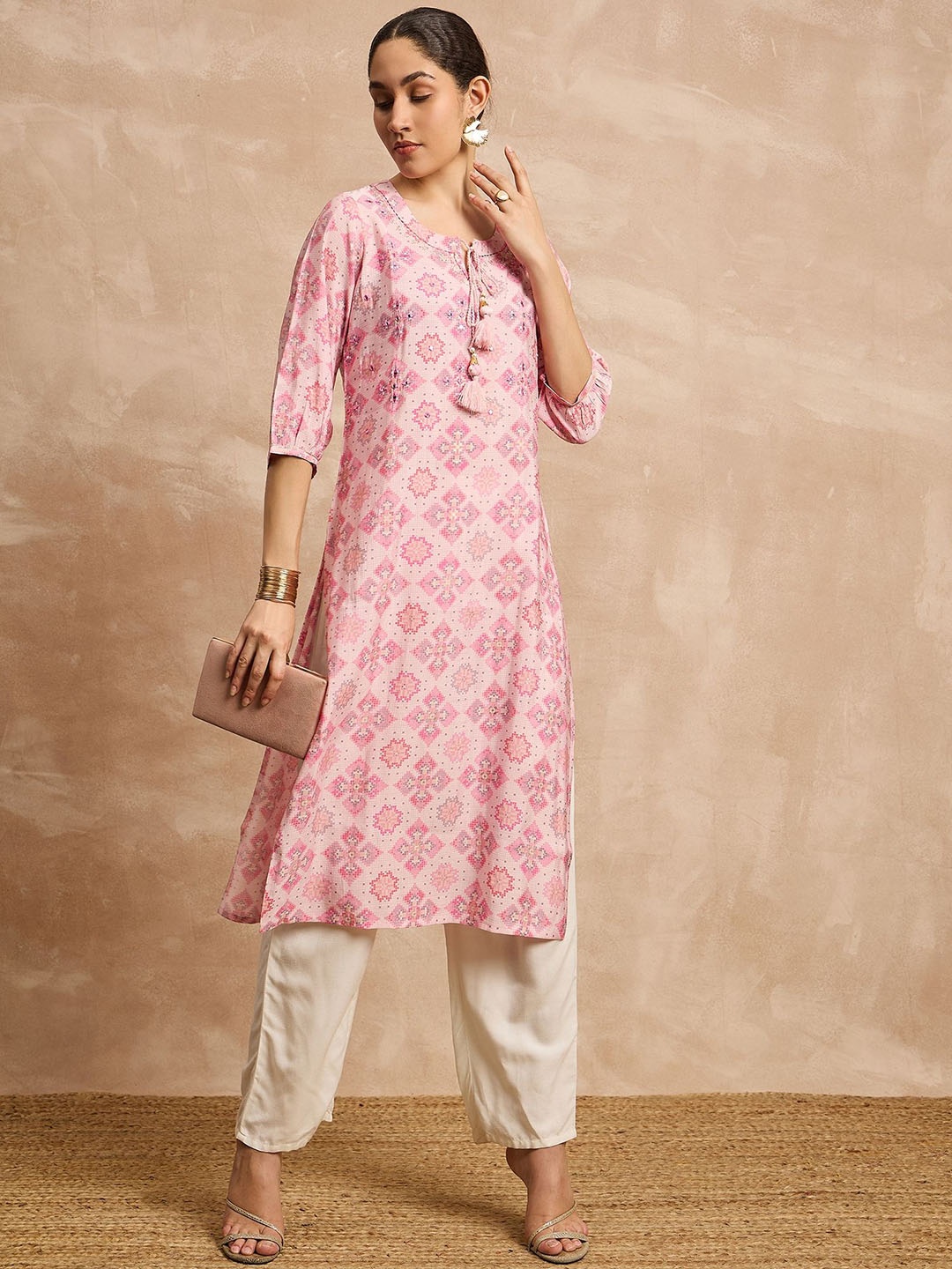 

all about you Ethnic Motifs Printed Tie Up Neck Straight Kurta, Pink