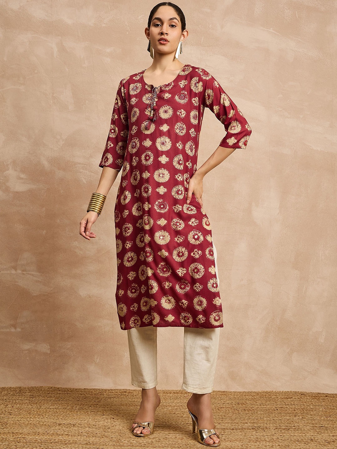 

all about you Ethnic Motifs Printed Tie-Up Neck A-Line Kurta, Rust
