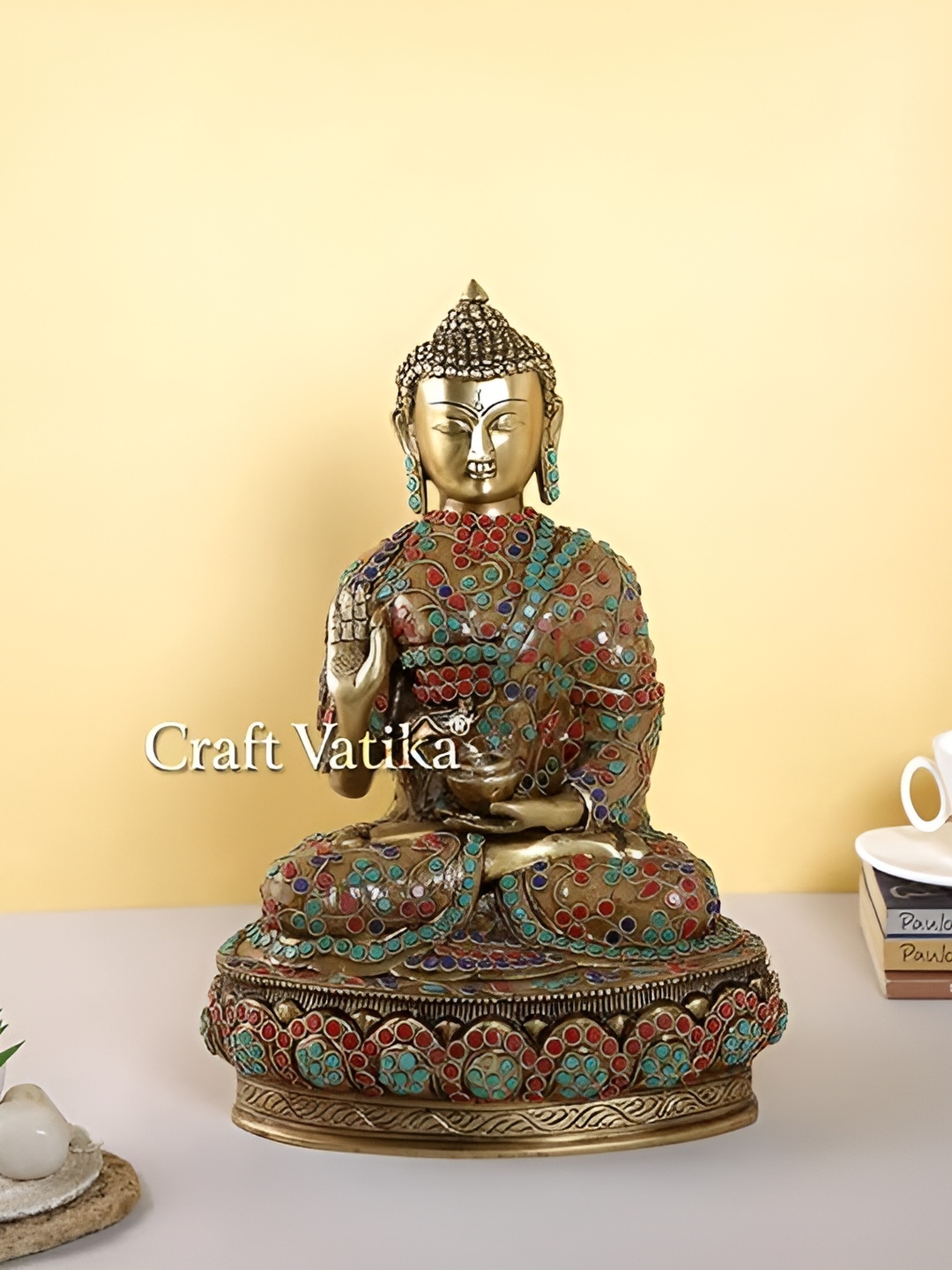 

Aura Gold Toned Brass Feng Shui Buddha Figurine Decorative Showpieces