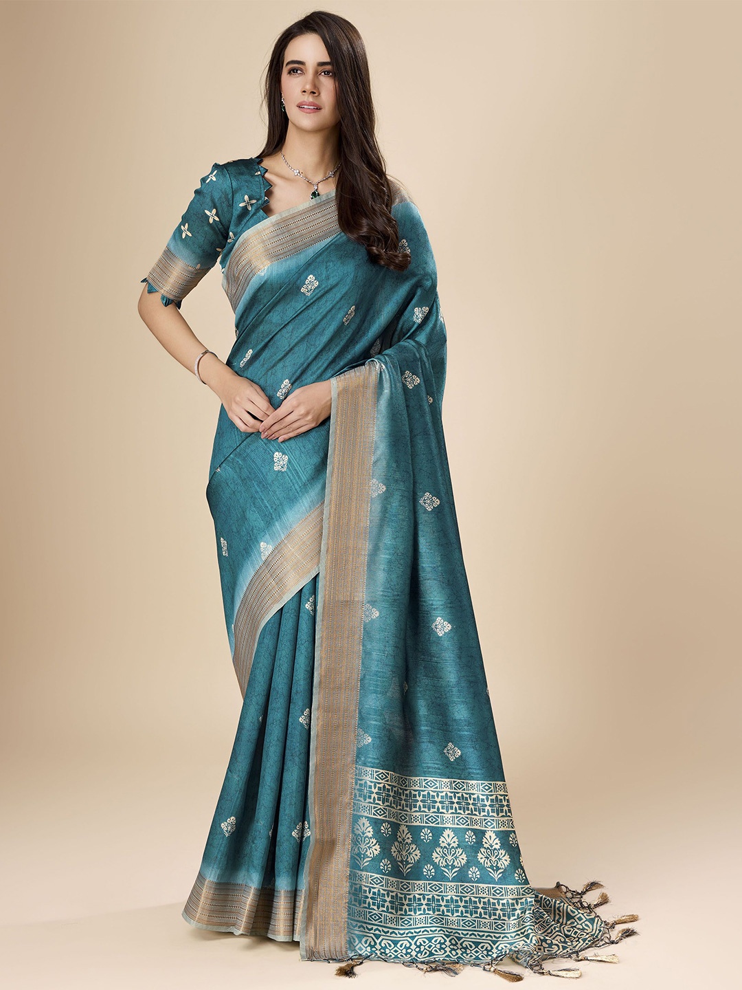 

Mitera Ethnic Motifs Zari Saree, Teal