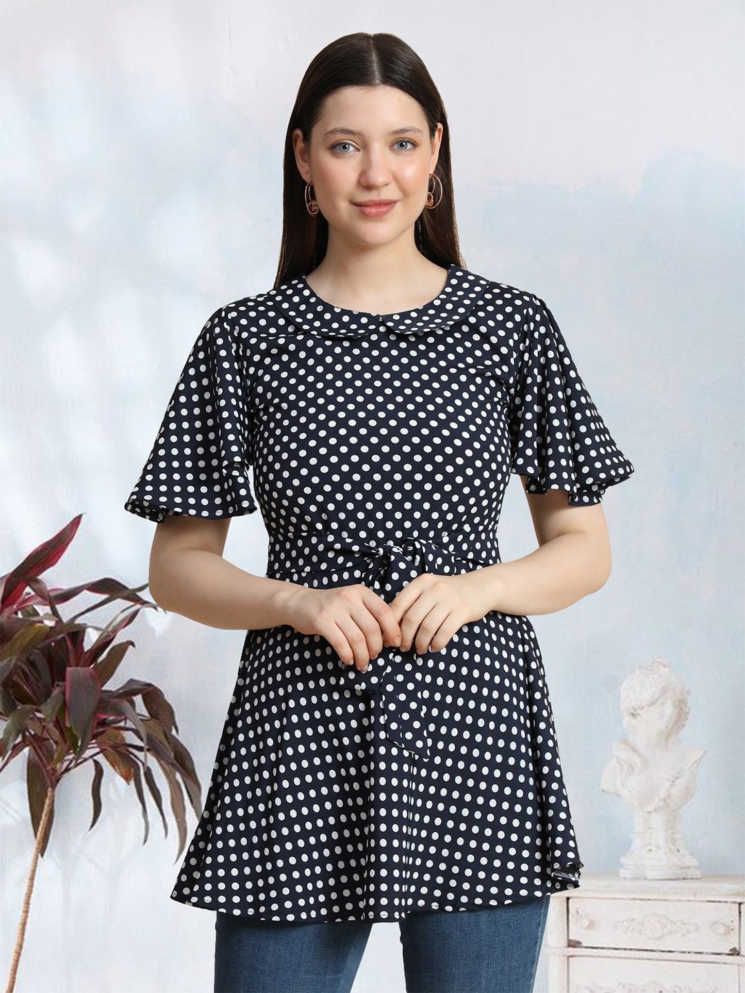 

BAESD Polka Dot Printed Peter Pan Collar A-Line Top, Navy blue