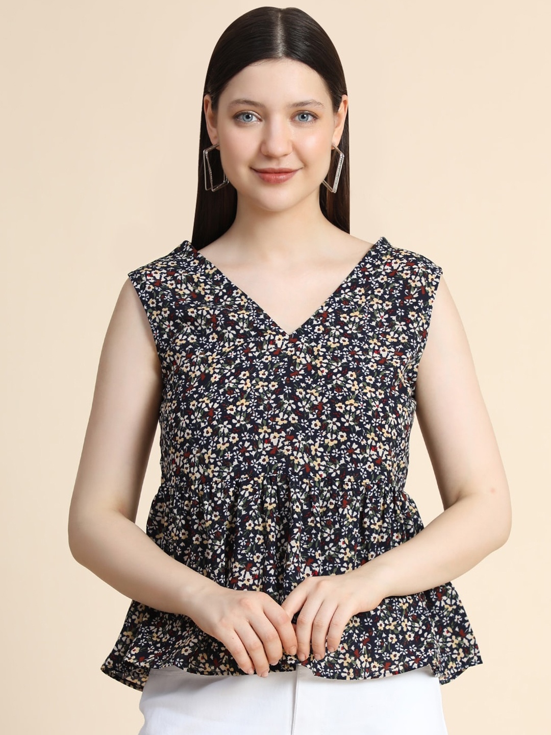 

BAESD Floral Printed V-Neck Peplum Top, Blue