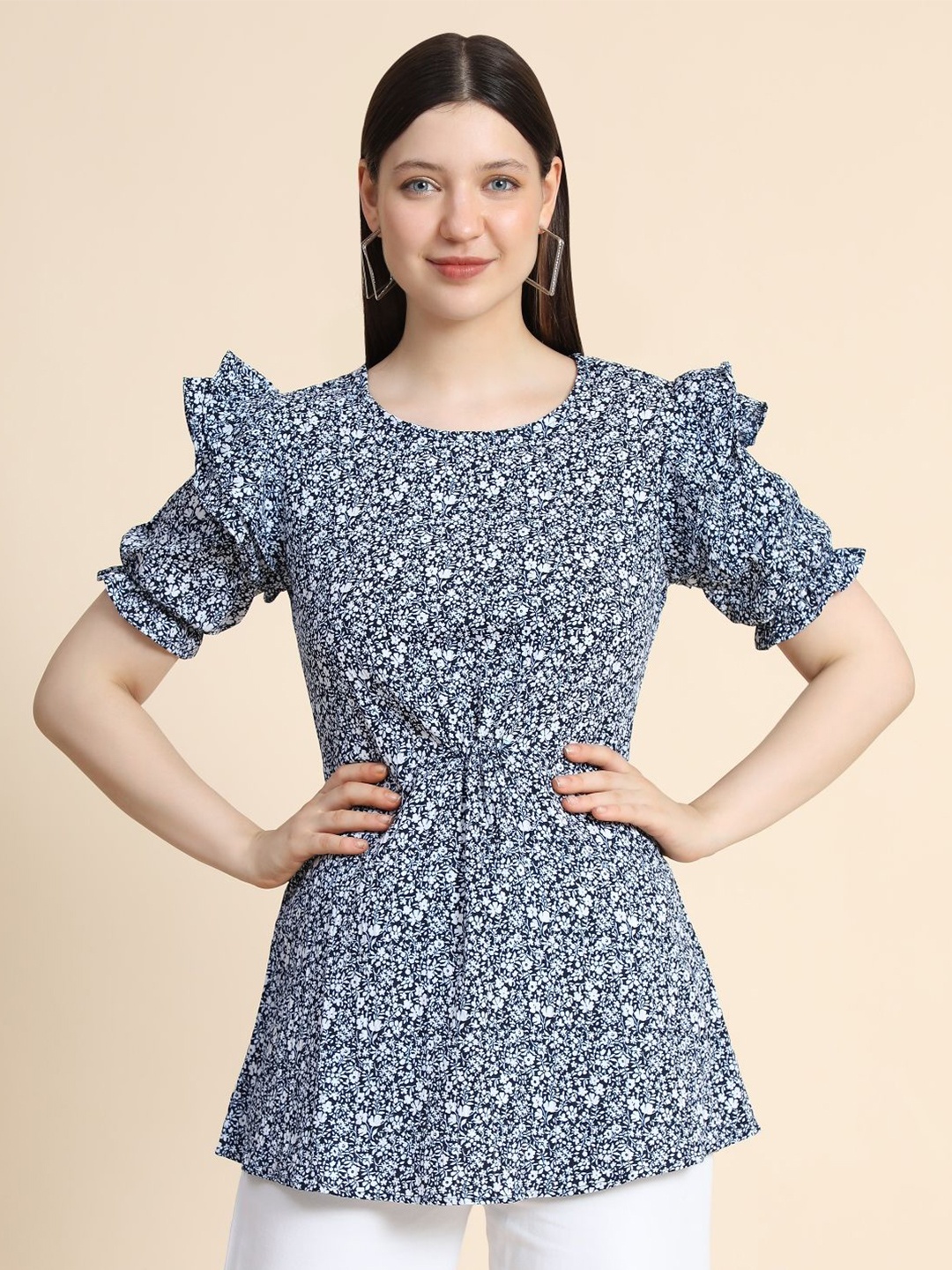 

BAESD Floral Printed Round Neck Top, Navy blue