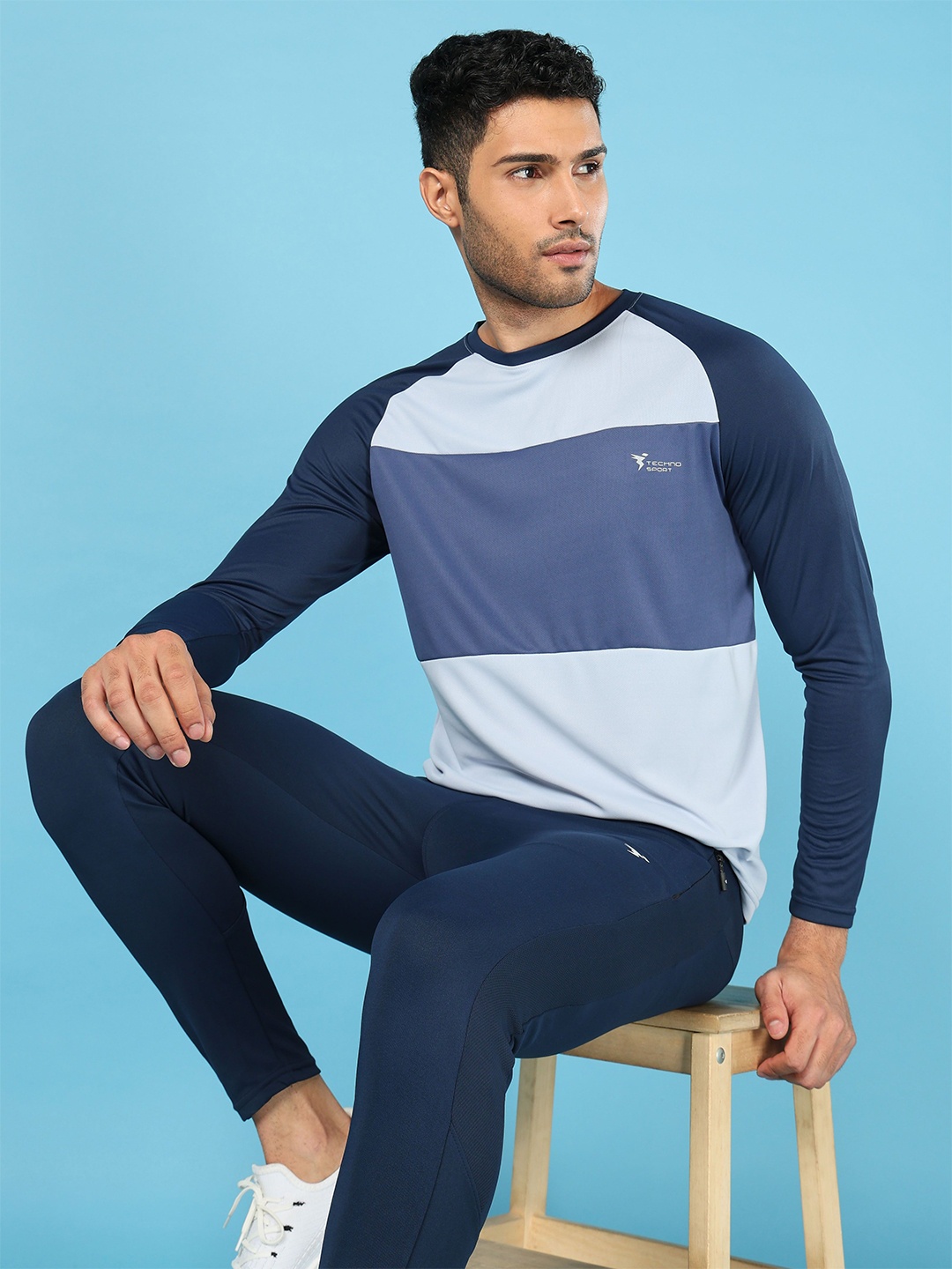 

Technosport Colourblocked Round Neck Techno Cool+ UPF50 Slim Fit Sports T-shirt, Blue