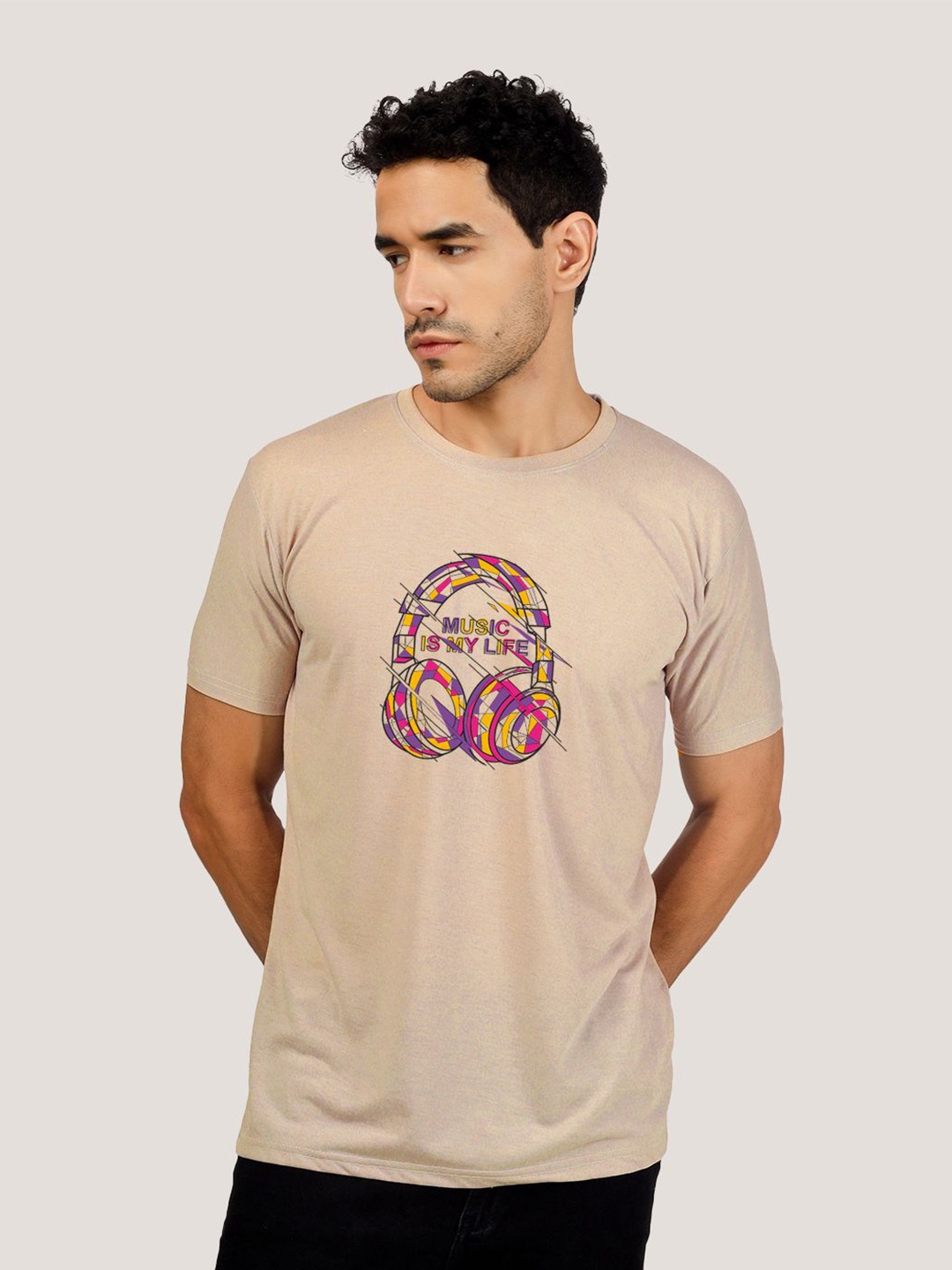 

Greylongg Graphic Printed Round Neck Regular T-shirt, Beige
