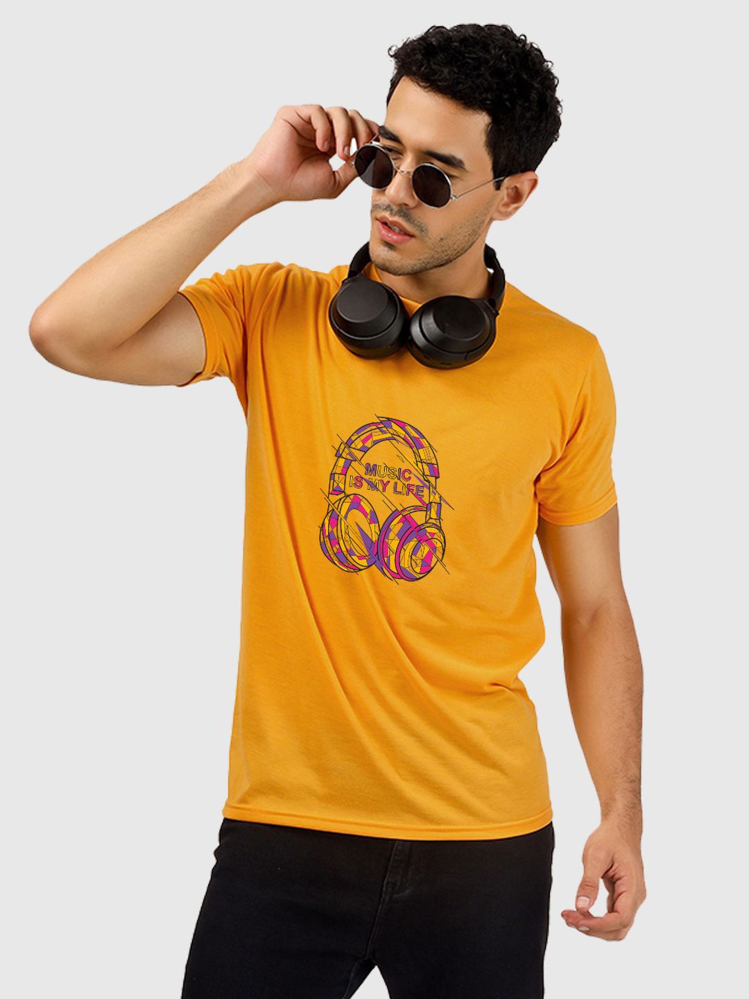 

Greylongg Graphic Printed Round Neck Regular T-shirt, Mustard
