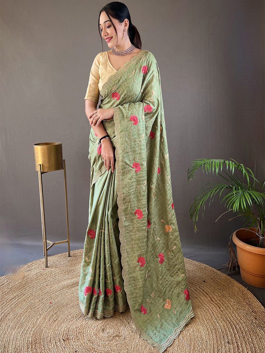 

MySilkLove Floral Embroidered Tussar Saree, Green