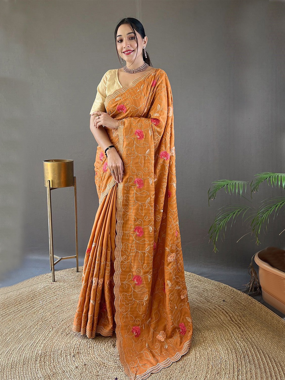 

MySilkLove Floral Embroidered Tussar Saree, Orange