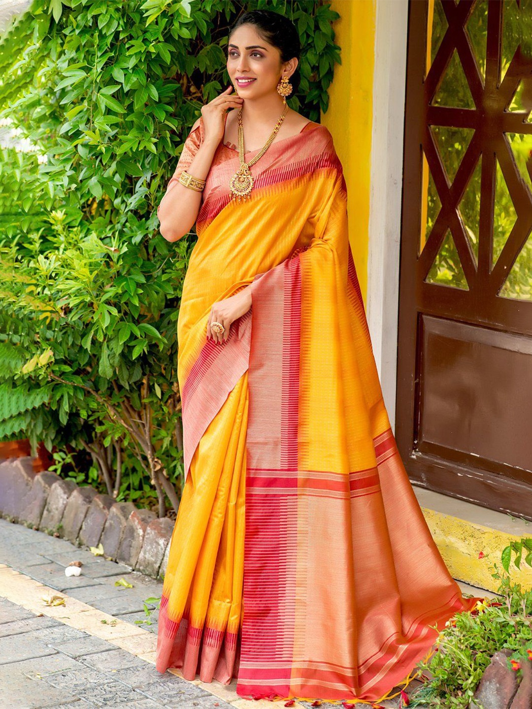 

MySilkLove Striped Zari Saree, Yellow