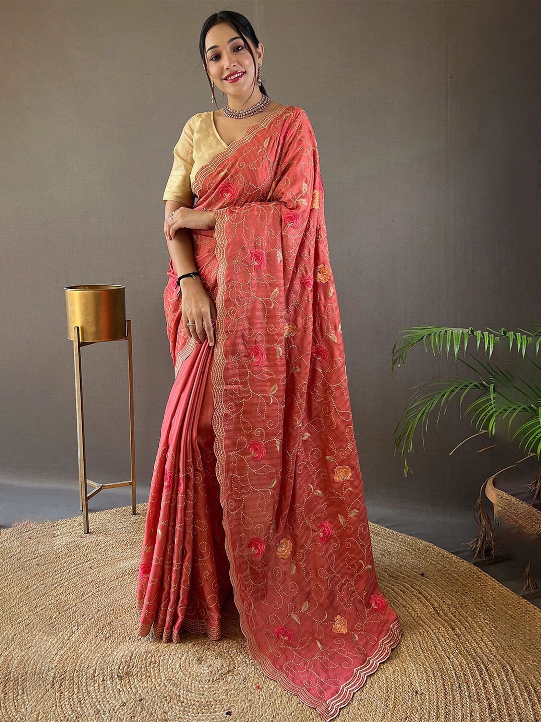 

MySilkLove Floral Embroidered Tussar Saree, Orange