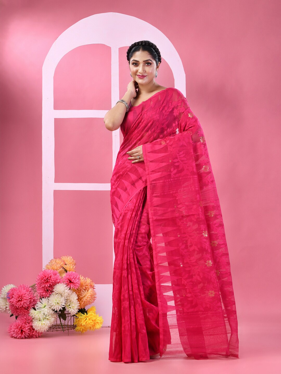 

TANTLOOM Ethnic Motifs Pure Cotton Jamdani Saree, Pink