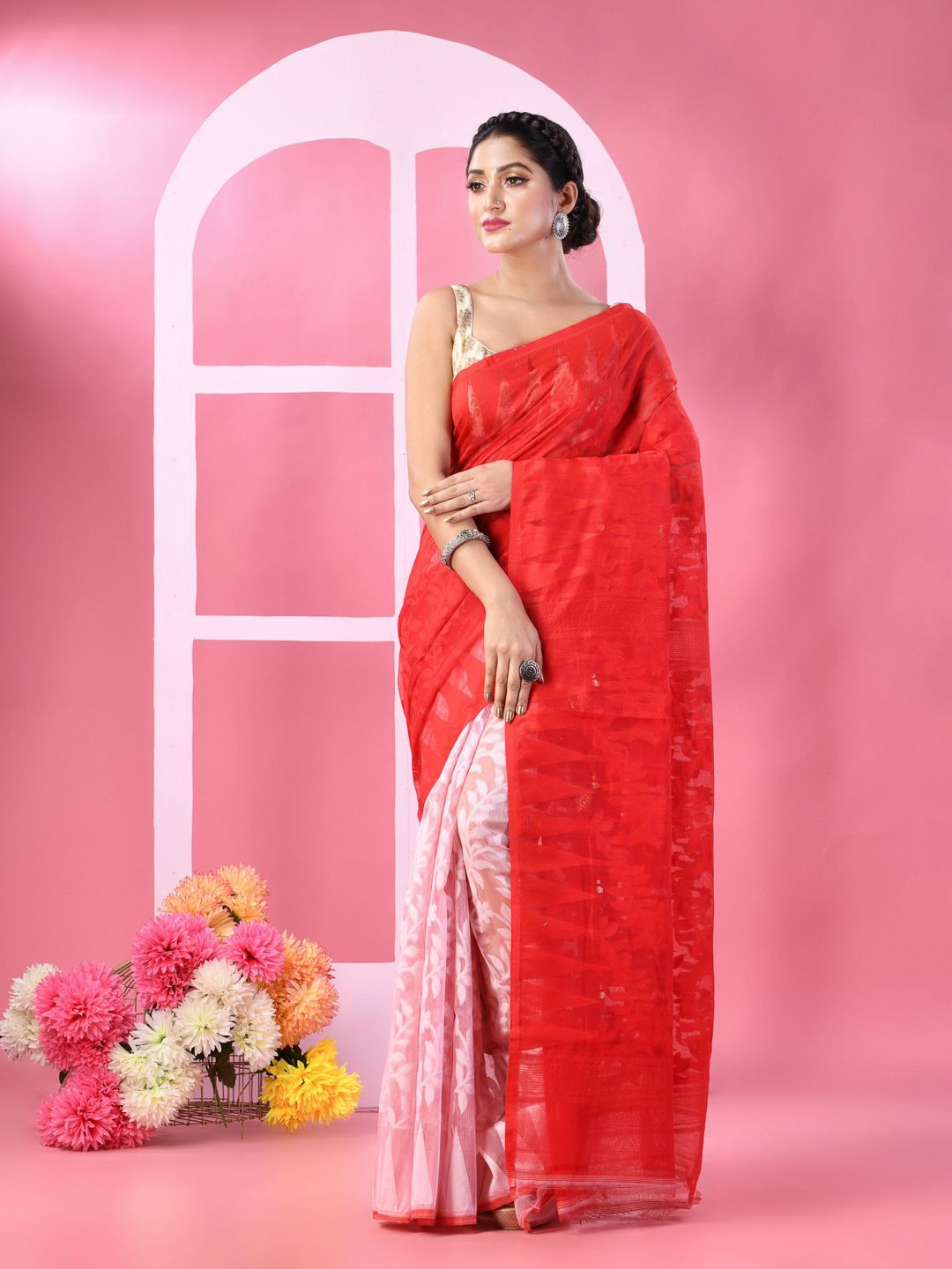 

TANTLOOM Ethnic Motifs Pure Cotton Jamdani Saree, Red