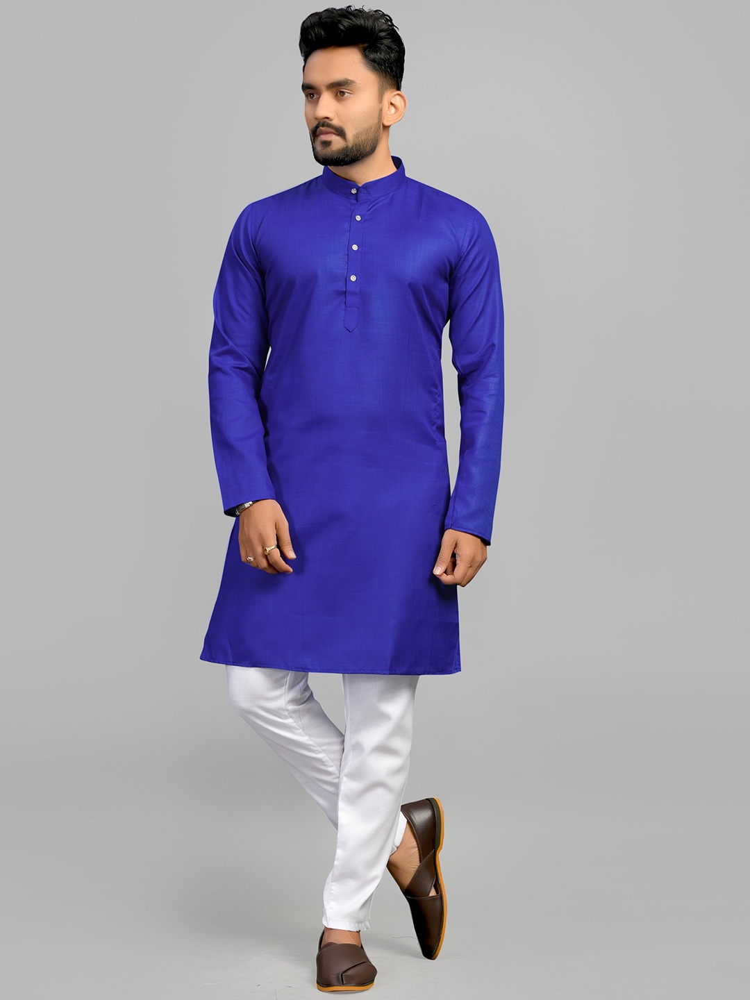 

Fashion FRICKS Mandarin Collar Straight Kurta With Pyjama, Blue