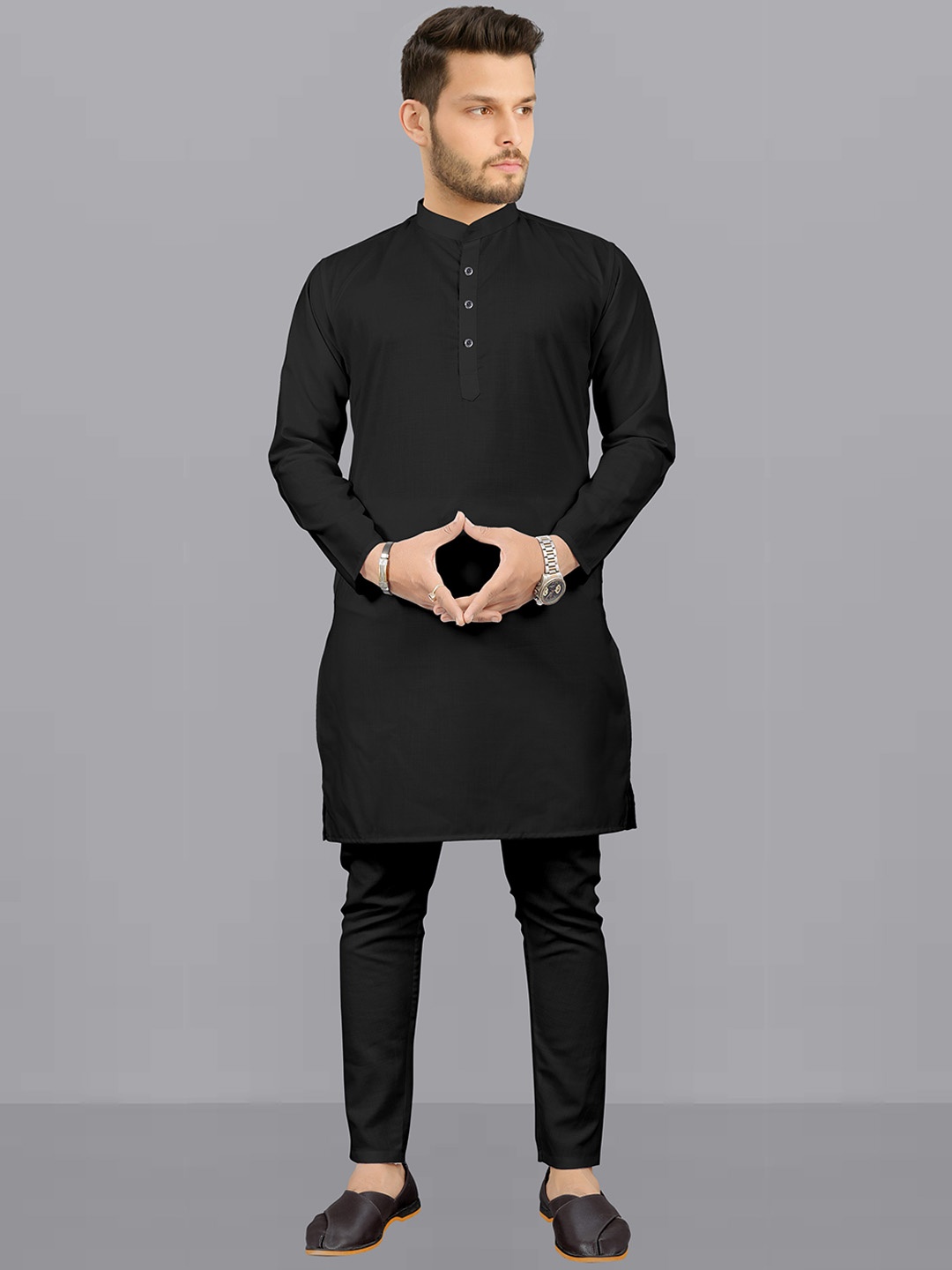 

Fashion FRICKS Mandarin Collar Regular Straight Kurta With Pyjamas, Black