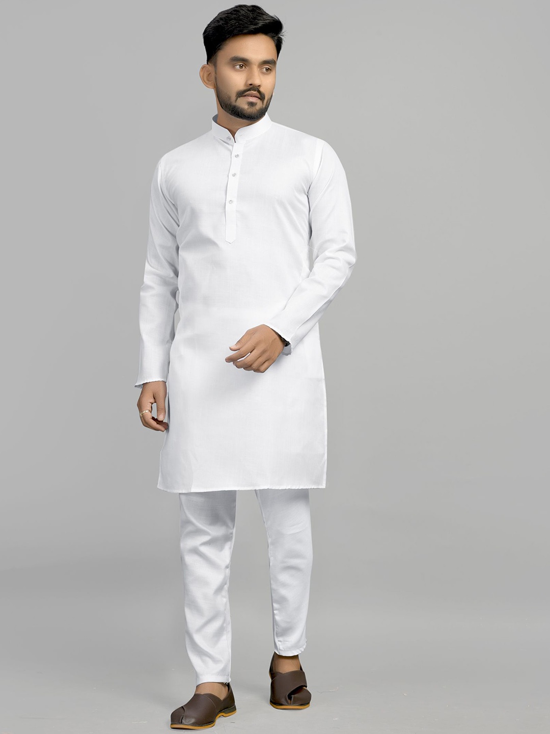 

Fashion FRICKS Mandarin Collar Regular Straight Kurta With Pyjamas, White