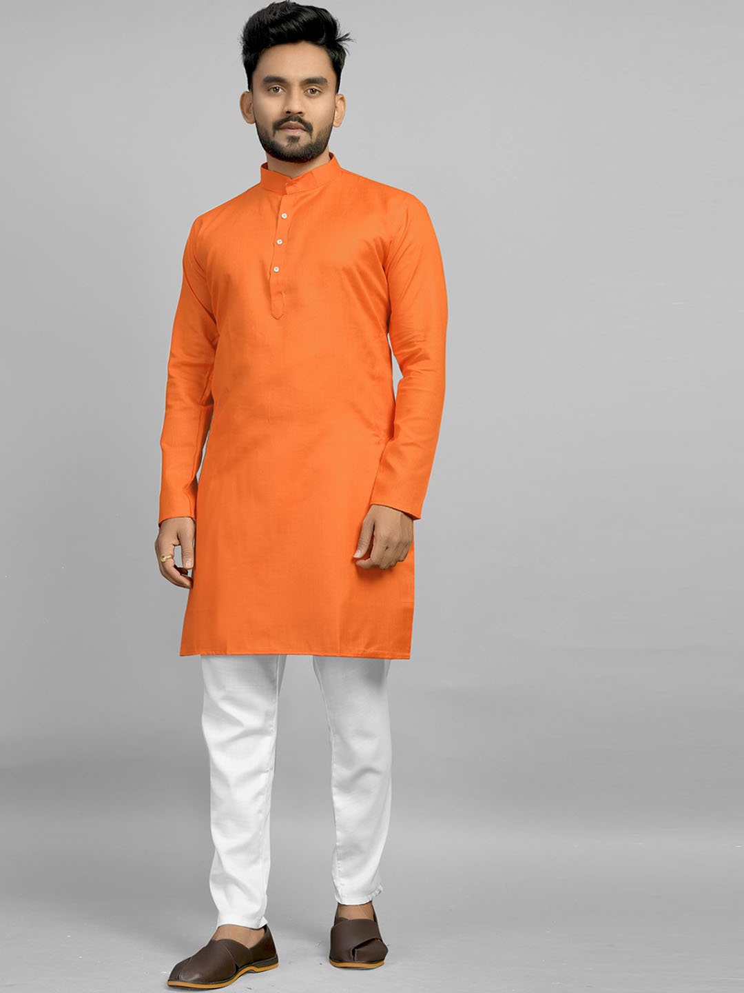 

Fashion FRICKS Mandarin Collar Regular Straight Kurta With Trousers, Orange