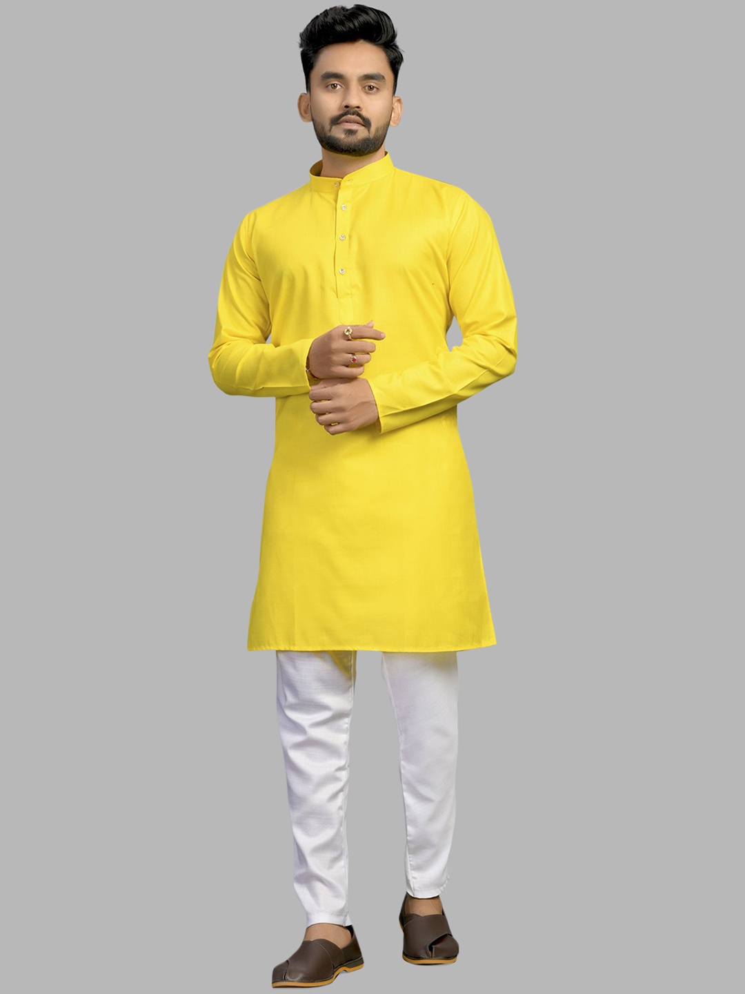 

Fashion FRICKS Mandarin Collar Straight Kurta With Pyjama, Yellow