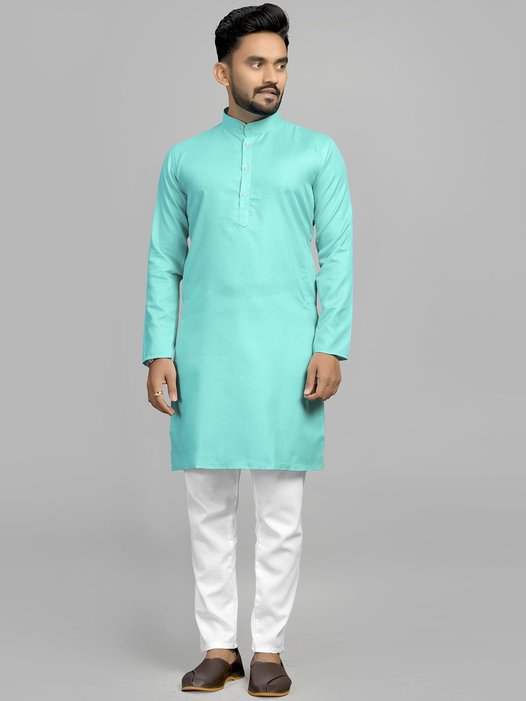 

Fashion FRICKS Mandarin Collar Regular Straight Kurta With Pyjamas, Sea green