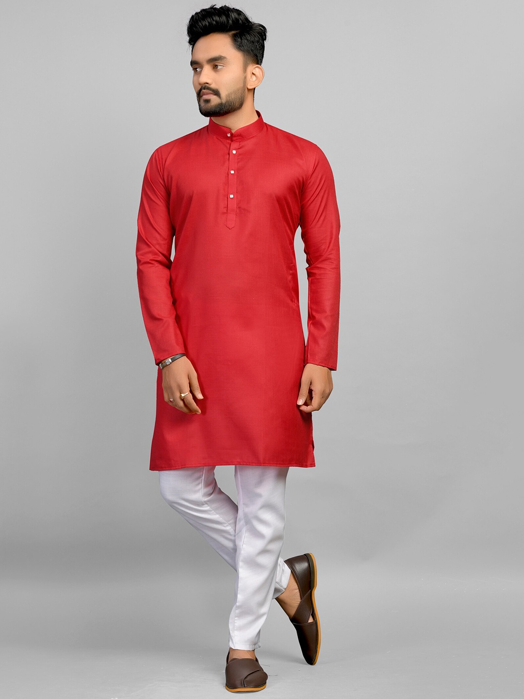 

Fashion FRICKS Mandarin Collar Straight Kurta With Pyjama, Red