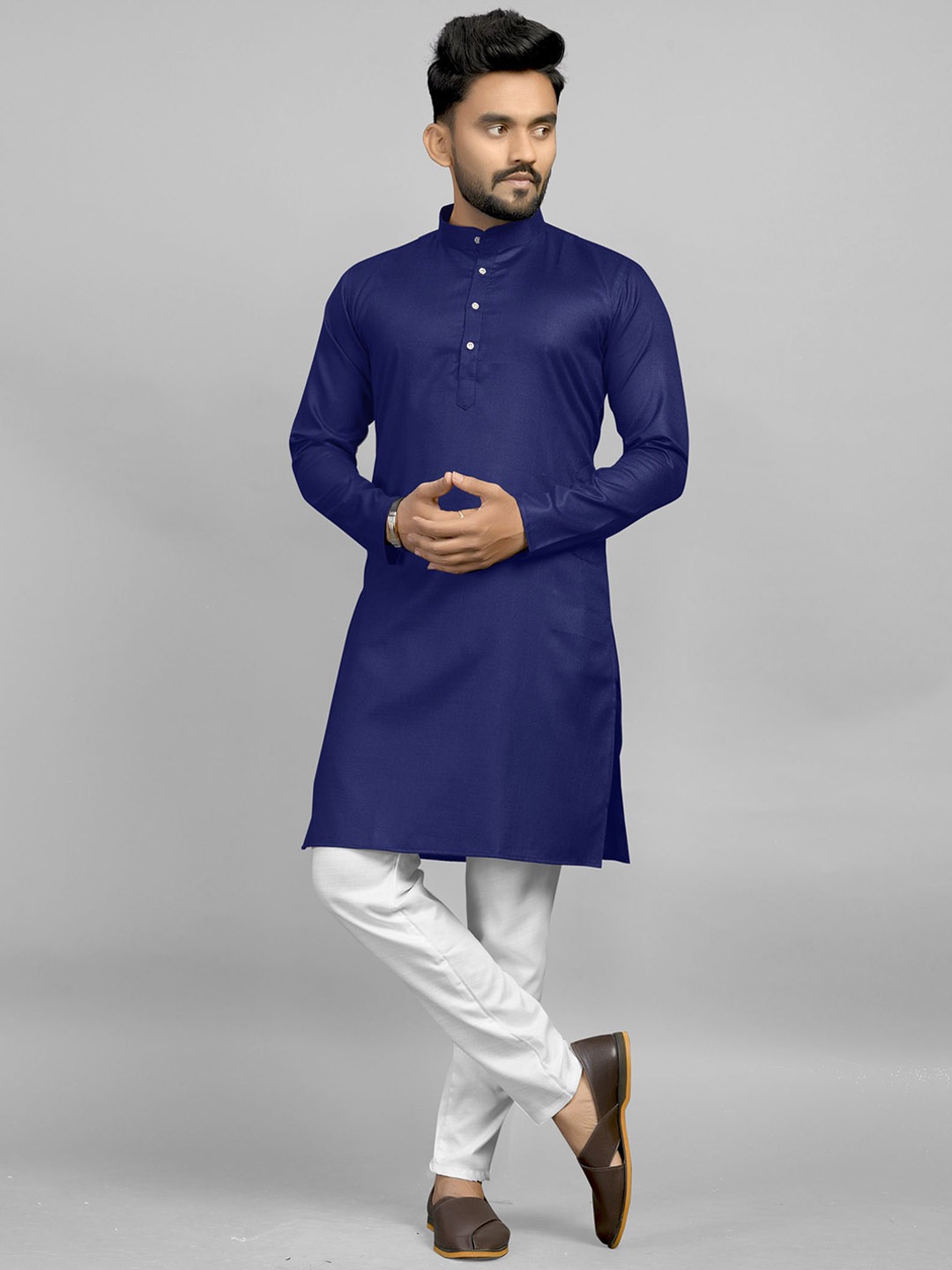 

Fashion FRICKS Mandarin Collar Regular Straight Kurta With Trousers, Navy blue