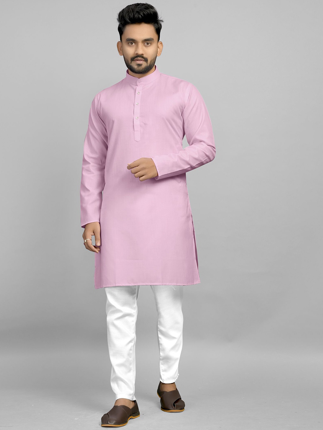 

Fashion FRICKS Mandarin Collar Regular Straight Kurta With Pyjamas, Pink