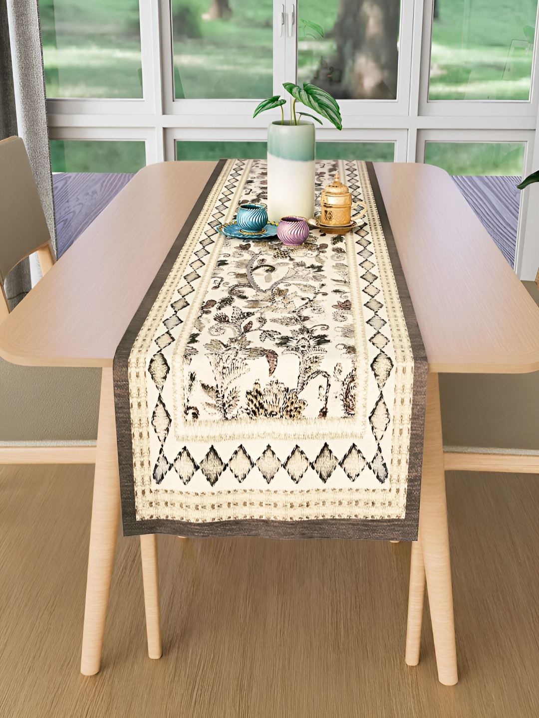 

Kuber Industries Velvet Brown & White Embroidery Table Runner