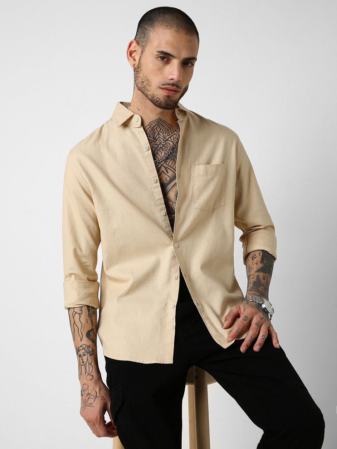 

VASTRADO Classic Slim Fit Spread Collar Long Sleeves Cotton Casual Shirt, Beige