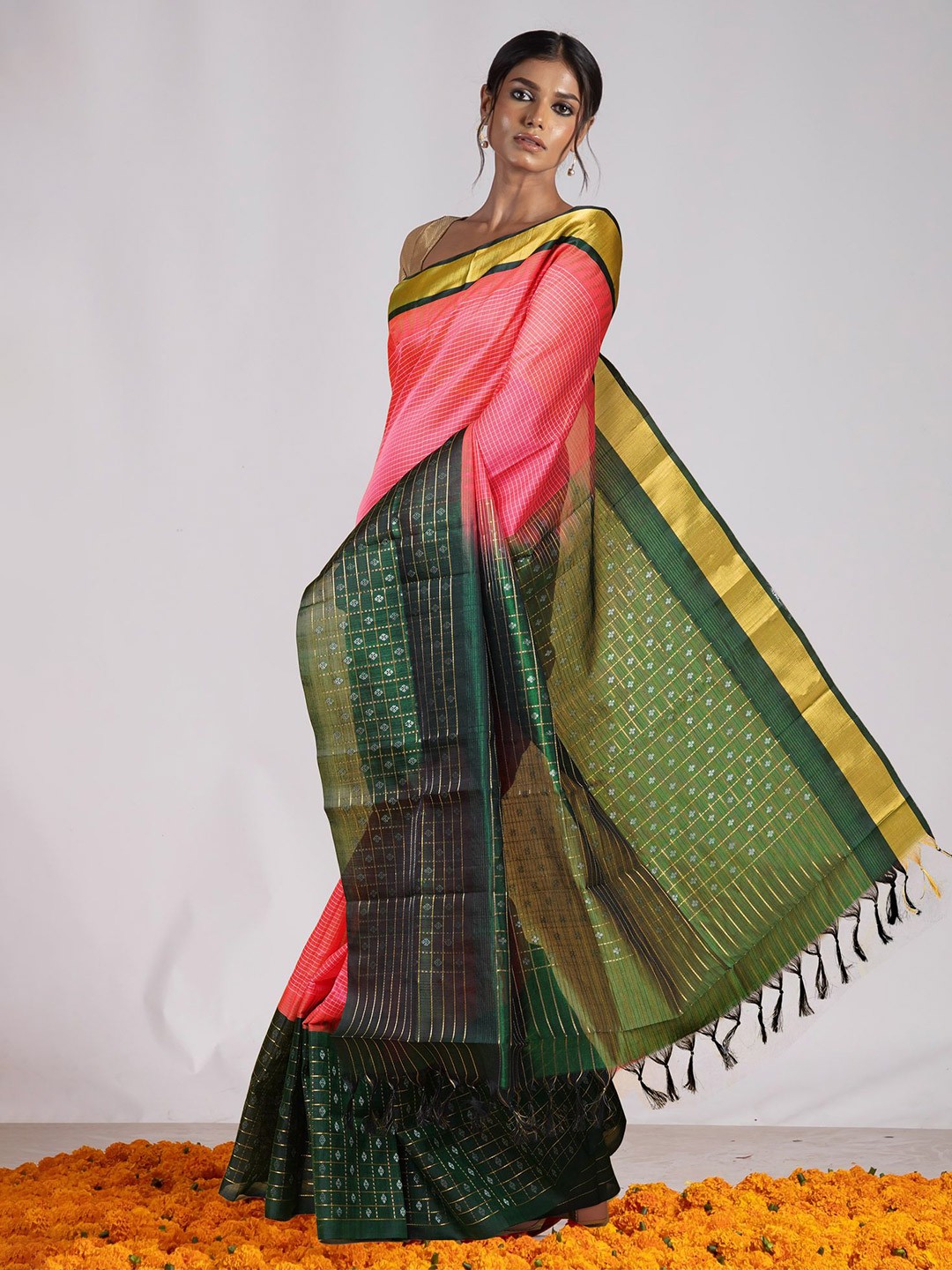 

Unnati Silks Checked Zari Pure Silk Saree, Pink