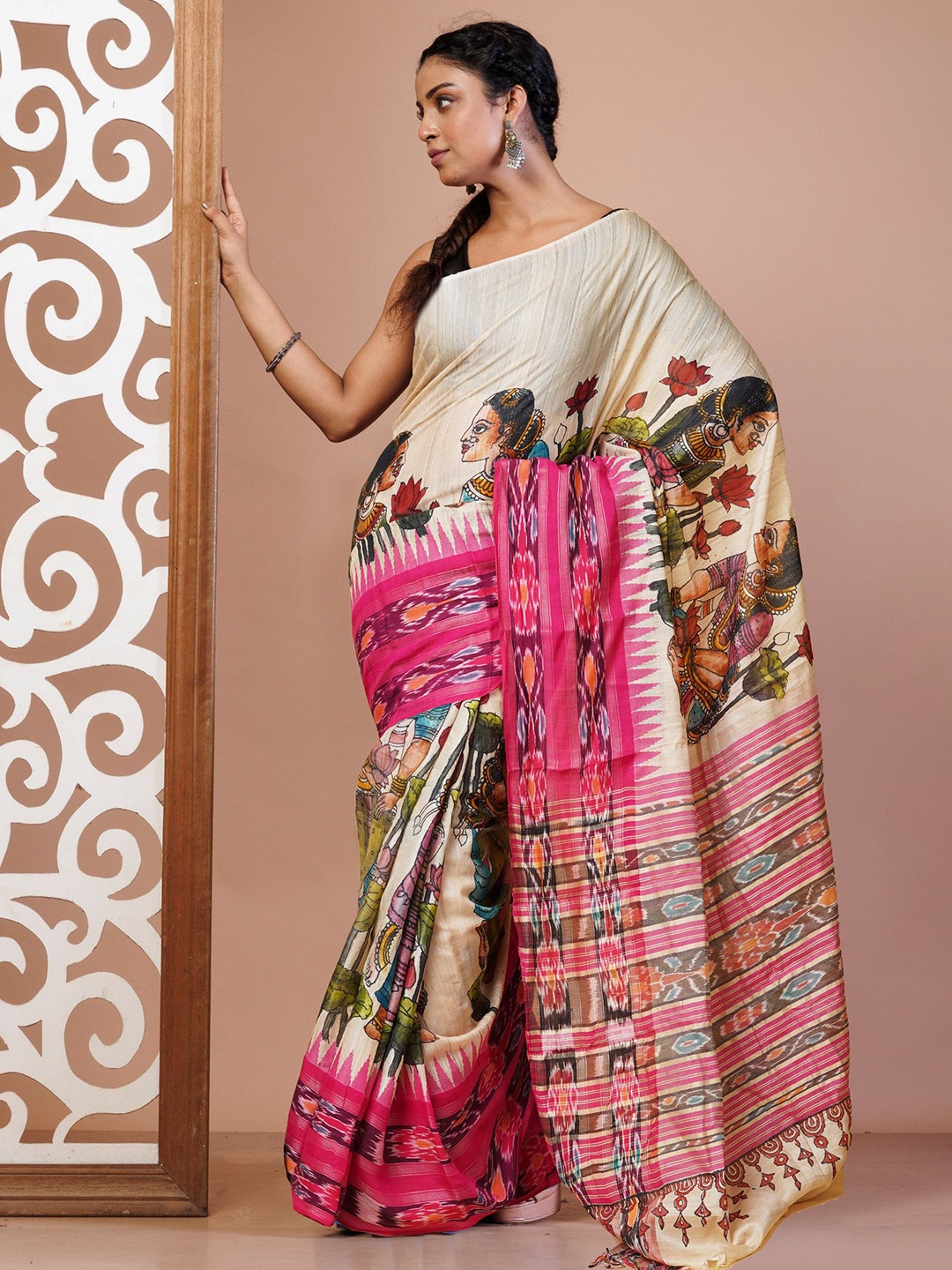 

Unnati Silks Ethnic Motifs Zari Pure Silk Handloom Tussar Saree, Cream
