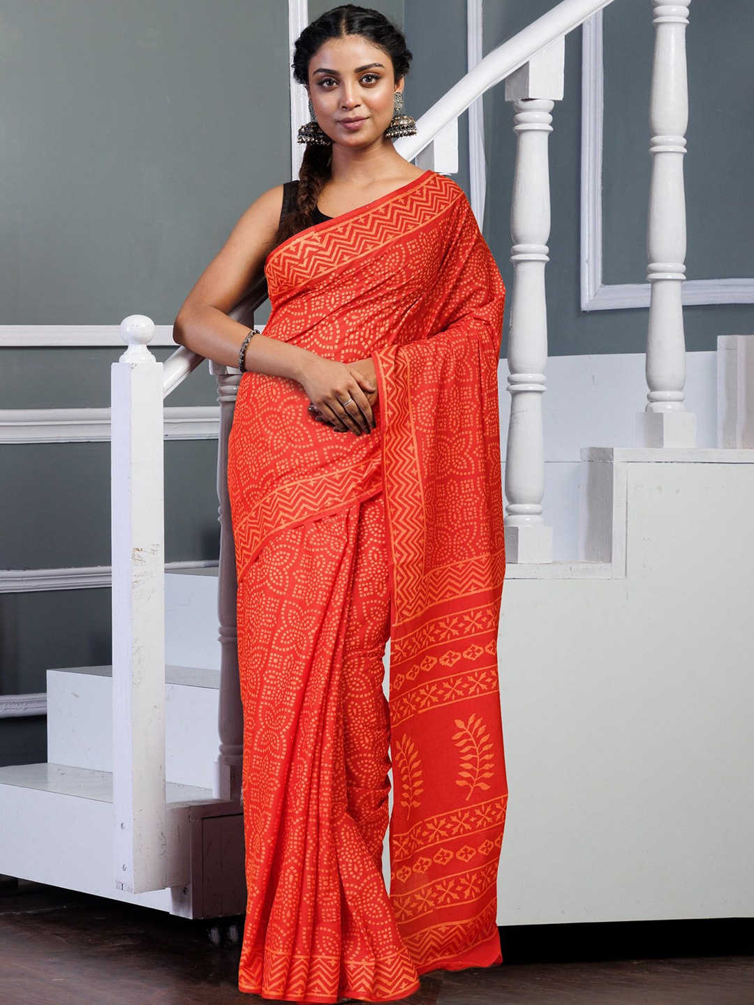 

Unnati Silks Ethnic Motifs Pure Cotton Handloom Block Print Saree, Red