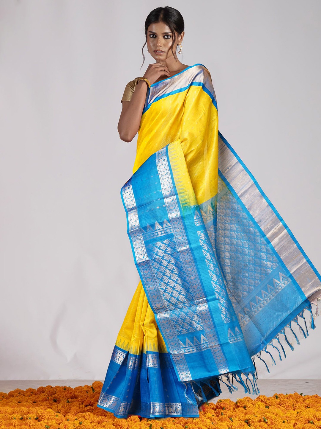 

Unnati Silks Woven Design Zari Pure Silk Handloom Saree, Yellow
