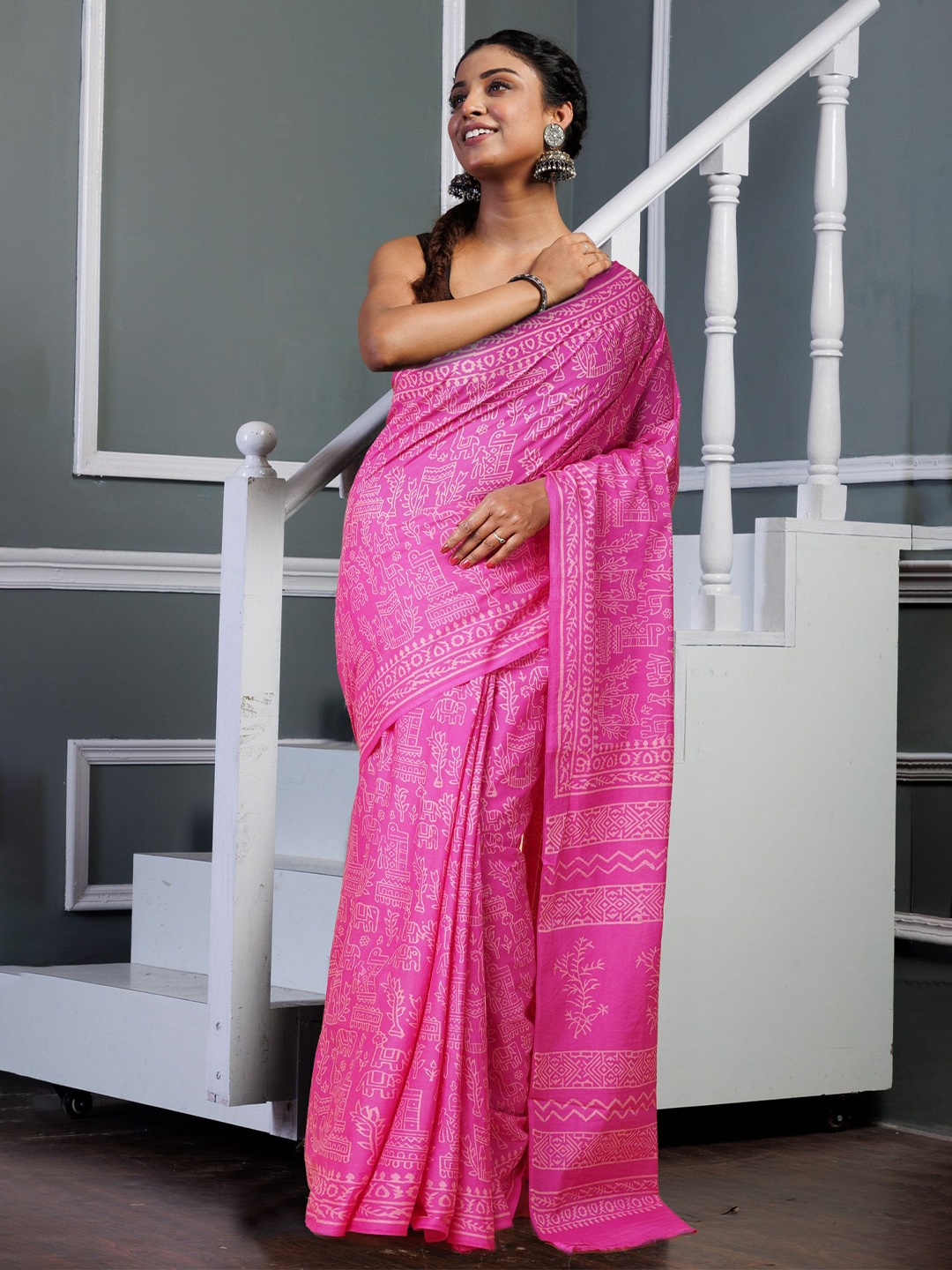 

Unnati Silks Ethnic Motifs Pure Cotton Handloom Block Print Saree, Pink