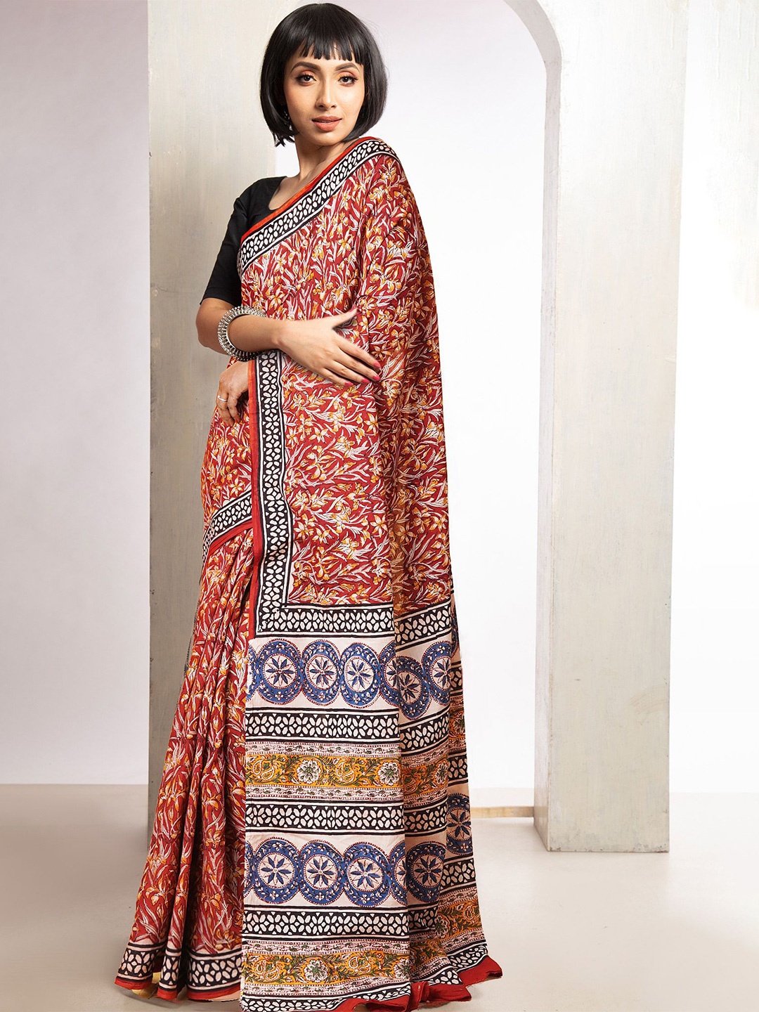 

Unnati Silks Ethnic Motifs Pure Cotton Handloom Bagru Saree, Red