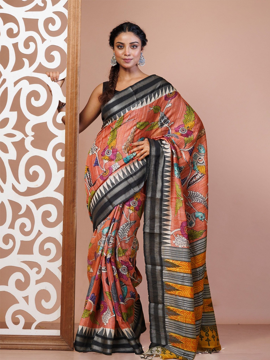 

Unnati Silks Ethnic Motifs Zari Pure Silk Handloom Tussar Saree, Peach