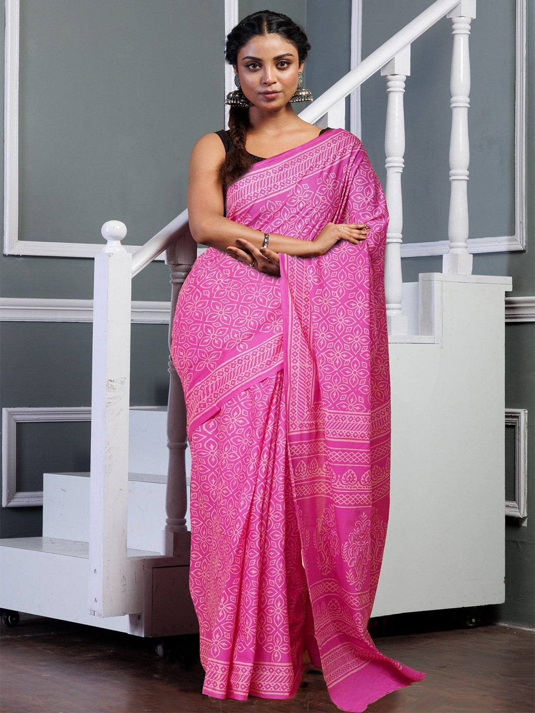 

Unnati Silks Ethnic Motifs Pure Cotton Handloom Block Print Saree, Pink