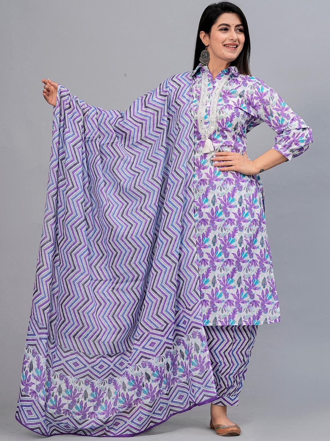 

FrionKandy Floral Printed Regular Mirror Work Pure Cotton Kurta with Salwar & Dupatta, Lavender