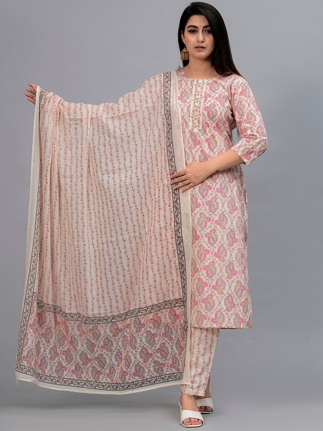 

FrionKandy Ethnic Motifs Printed Pure Cotton Straight Kurta with Trousers & Dupatta, Pink