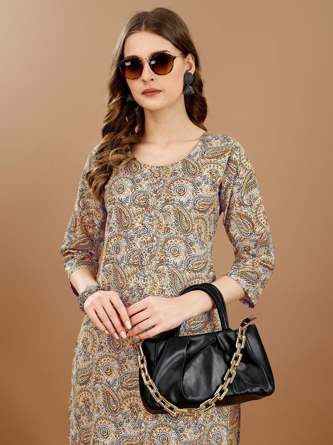 

SAPTRANGI Abstract Printed Cotton Straight Kurta, Cream