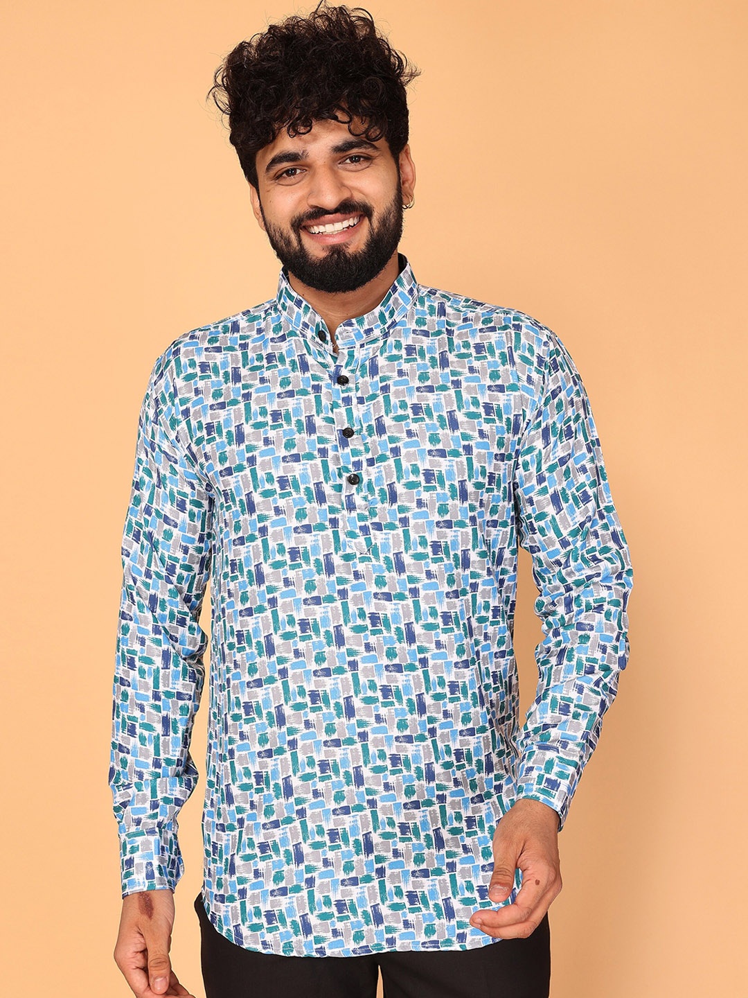 

Fashion FRICKS Abstract Printed Mandarin Collar Curved Chikankari A-Line Kurta, Blue