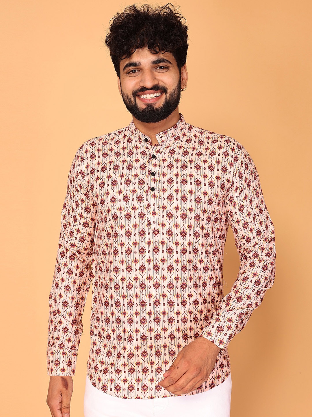 

Fashion FRICKS Ethnic Motifs Printed Mandarin Collar Straight Kurta, Beige