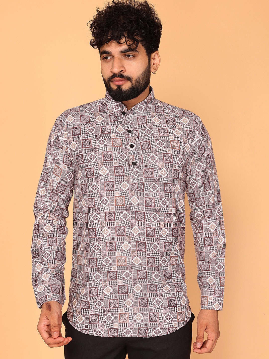 

Fashion FRICKS Ethnic Motifs Printed Mandarin Collar Cuffed Sleeves Straight Kurta, Brown