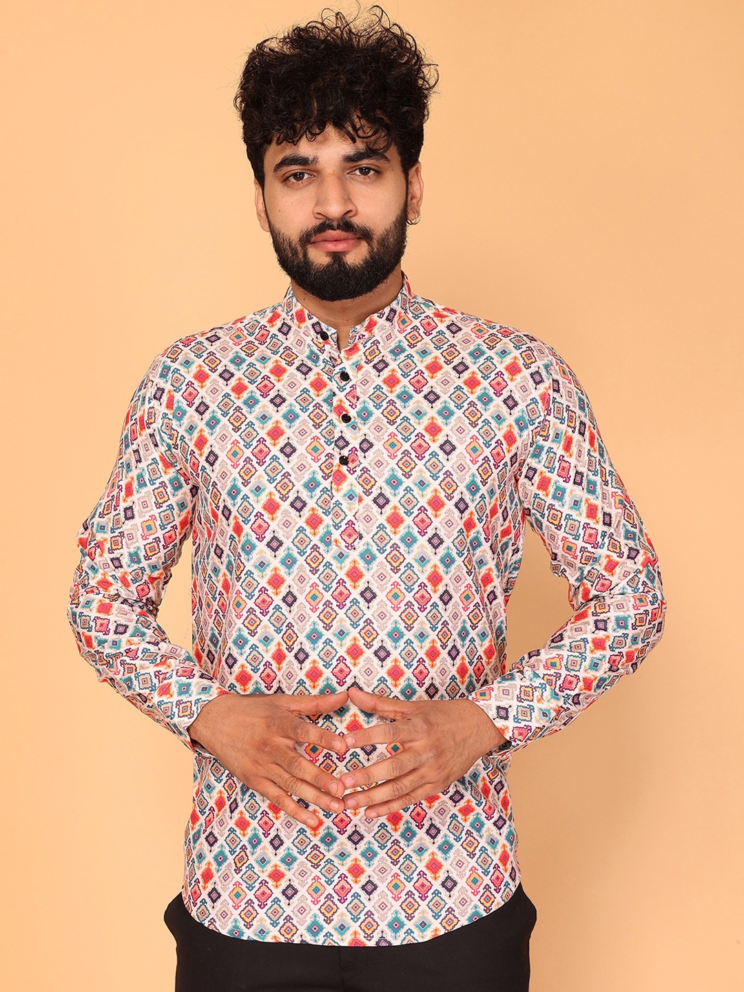 

Fashion FRICKS Geometric Printed Mandarin Collar Straight Kurta, Beige