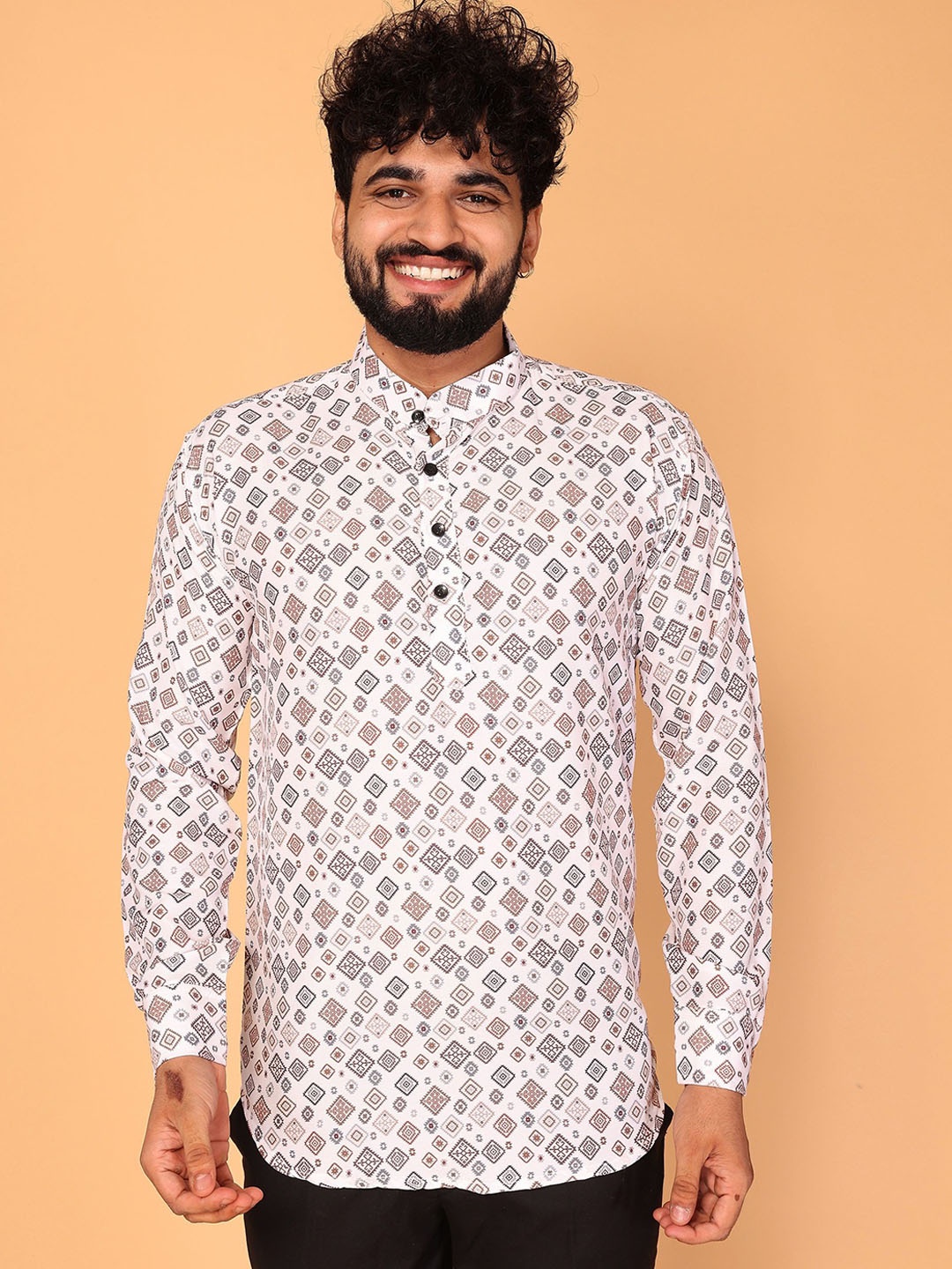 

Fashion FRICKS Ethnic Motifs Printed Mandarin Collar Cuffed Sleeves Straight Kurta, White